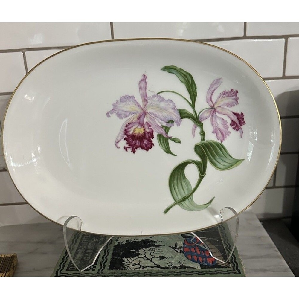 Heinrich Detailed Orchid H & C Oval Platter 11.5” Gold Trim Germany Wall Plate